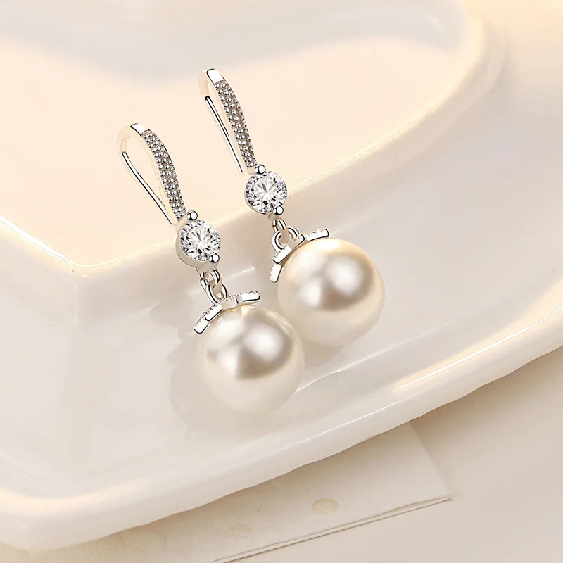 Elegant Pearl Drop Earrings  with Sparkling CZ Hook & Bow Accent, Large White Shell Pearl, Classic Bridal Jewelry for Women