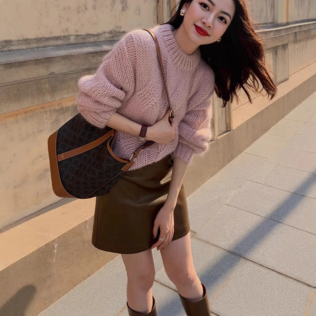 Pullovers women sweater 2026 casual Round-neck twist pattern Spring solid color loose knitted top women's clothing