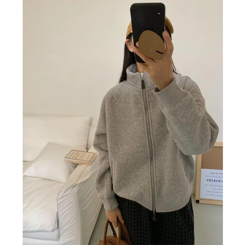 

Женская зимняя теплая свободная толстовка-кардиган с капюшоном на молнии, на подкладке из овечьего меха, универсальный топ, юбка А-силуэта с завышенной талией