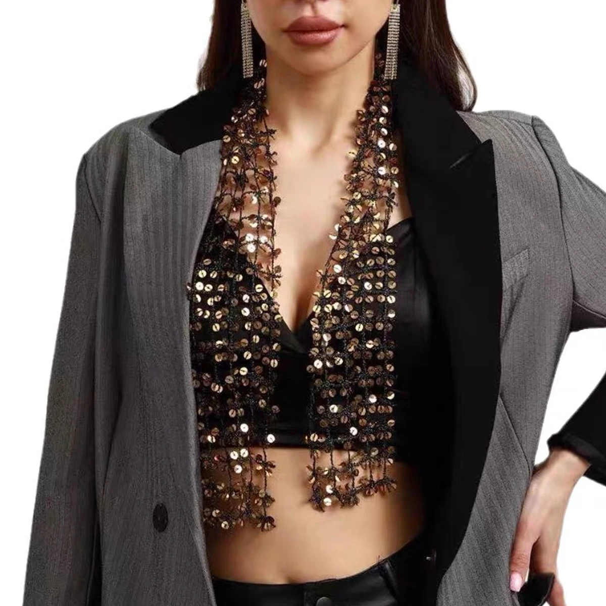 Стильный дизайнерский шарф с блестящими пайетками, длинный узкий шарф, женский шарф-воротник, шарф в стиле Y2K для девушек, аксессуары для вечеринок в ночных клубах