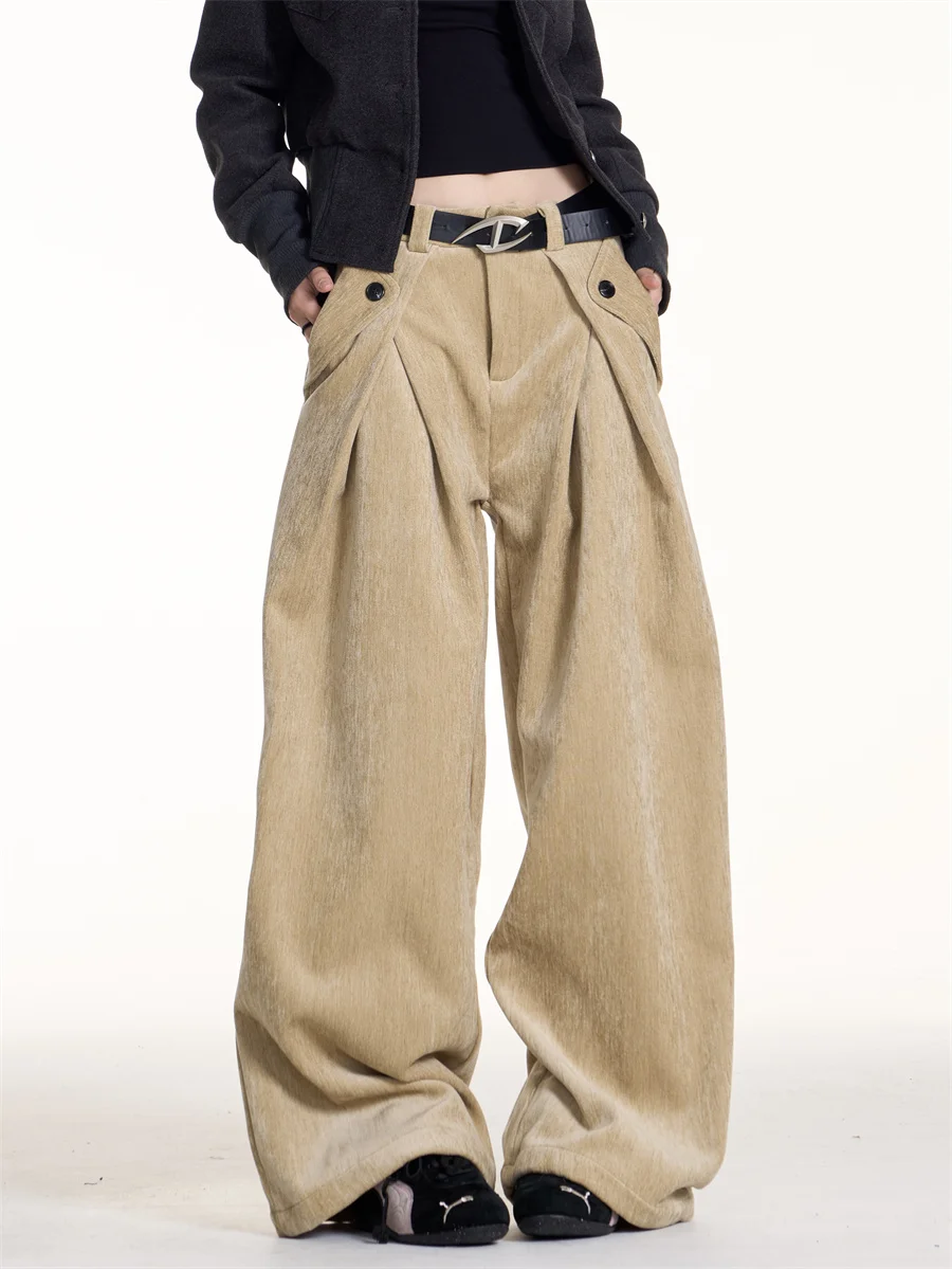 

Vintage Style Women's Wide Leg Pants Smooth Surface Straight Cut Commute Simple Decorative Button Natural Waist Casual Trousers