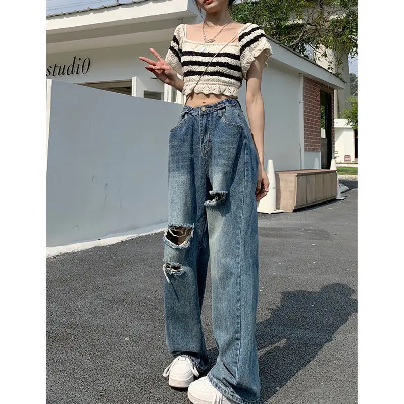 Korean Vintage High Waist Hole Straight Jeans Womens Loose Denim Pants 2023 Casual Female Wide Leg Pants Streetwear Mom Jeans