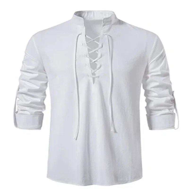 Camiseta con cuello en V para hombre, Top de manga larga fino Vintage, informal, transpirable, con cordones delanteros, a la moda, novedad de 2022