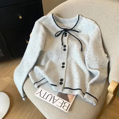 

French Sle Tied Bows Knitting Cardigan Female Spring & Fall Gentle Loose Temperament Classic Sle Sweater Bottoming Shirt