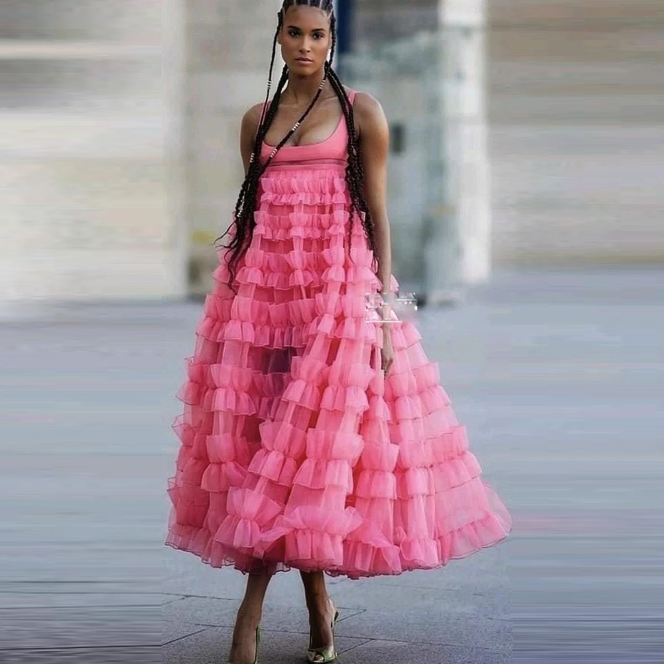 Rosa decote quadrado em camadas tule vestidos formais longos uma linha inchado em camadas vestido de festa de baile comprimento chá vestidos femininos