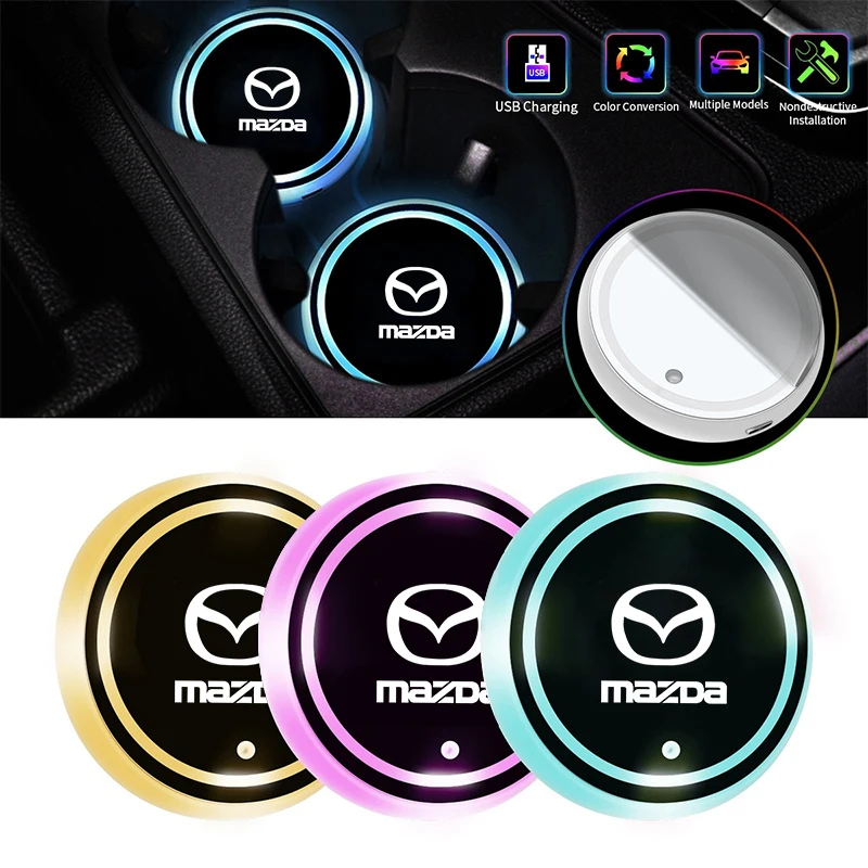 Luminous Car Water Cup Coaster Holder 7 Colorful Led Atmosphere Light USB Charging For Mazda 2 3 6 5 Axela Atenza CX 5 CX3 323