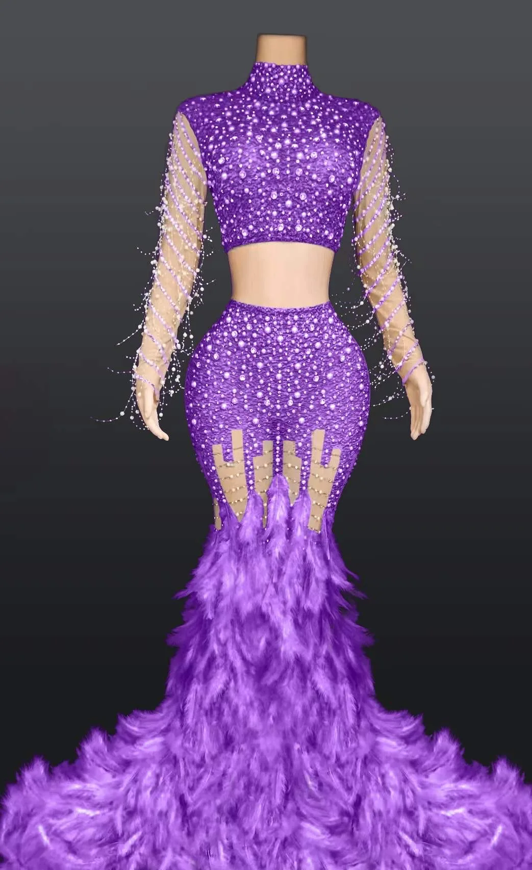 فستان نسائي متعدد الألوان 2026 لؤلؤي بأكمام طويلة مثير وريش زائدة لحفلات الزفاف المسائية القماش قاعة الرقص ملابس المسرح