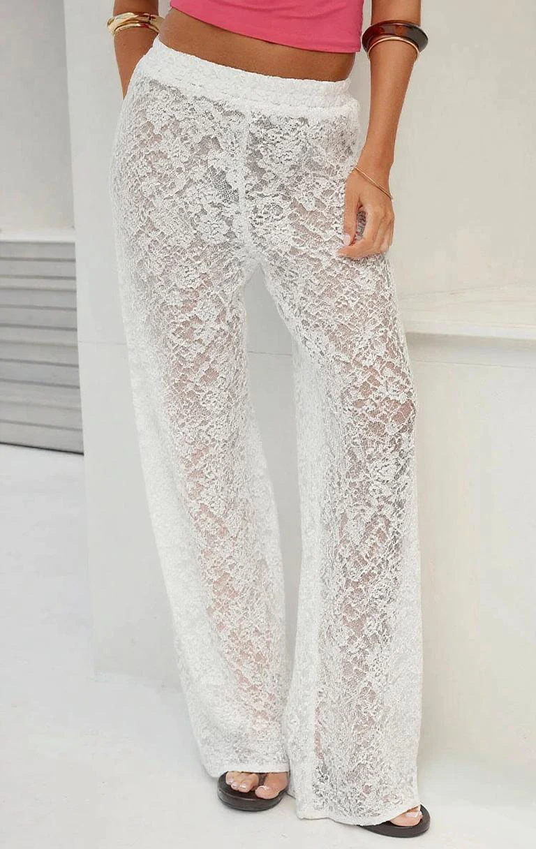 

Белые кружевные длинные брюки для женщин, полупрозрачные пляжные брюки с цветочным принтом, широкие брюки с эластичной талией, свободного кроя, для отдыха и отпуска