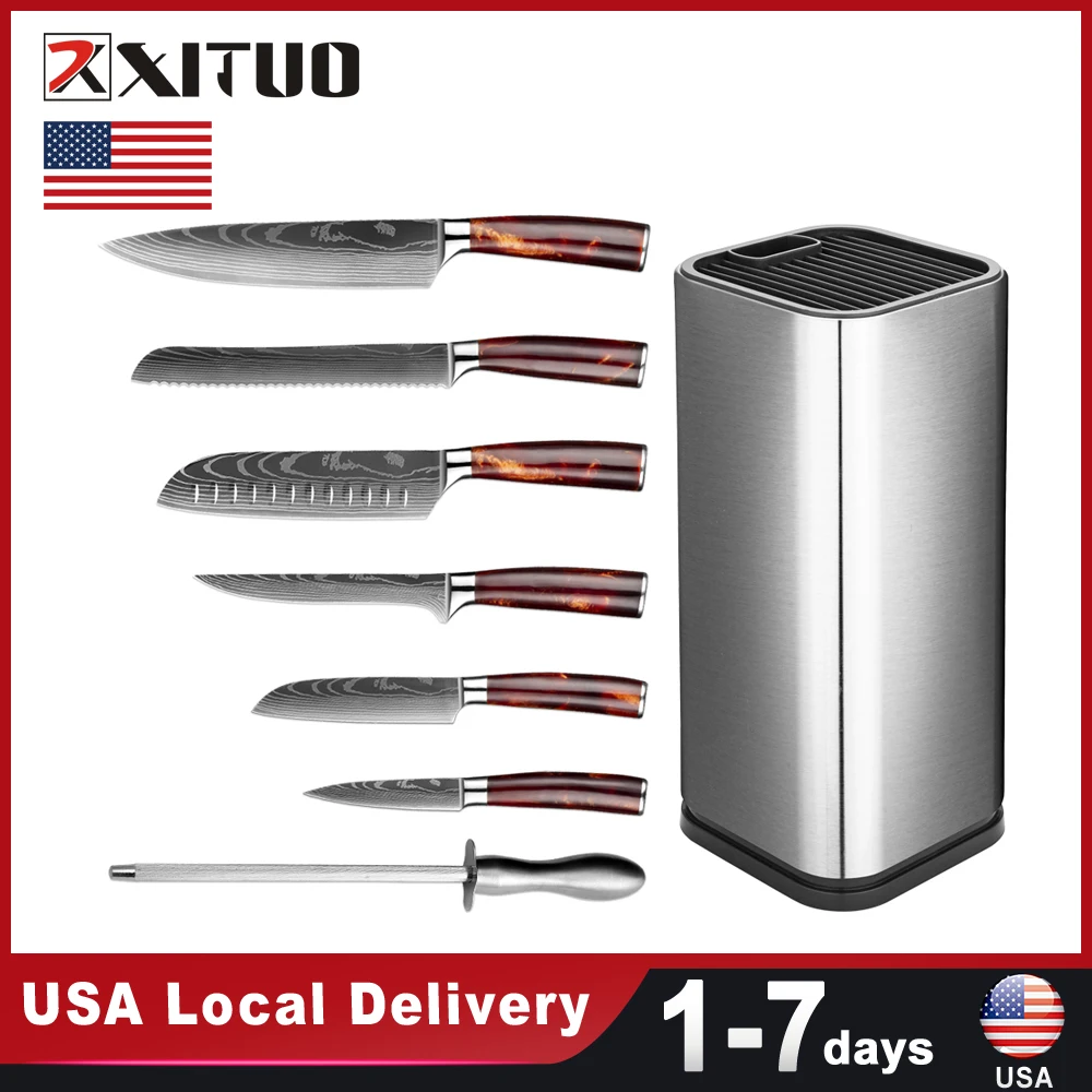 8PCS kitchen knives Set Laser Damascus pattern chef knife Sharp Santoku Cleaver Slicing Utility Knives Resin Handle