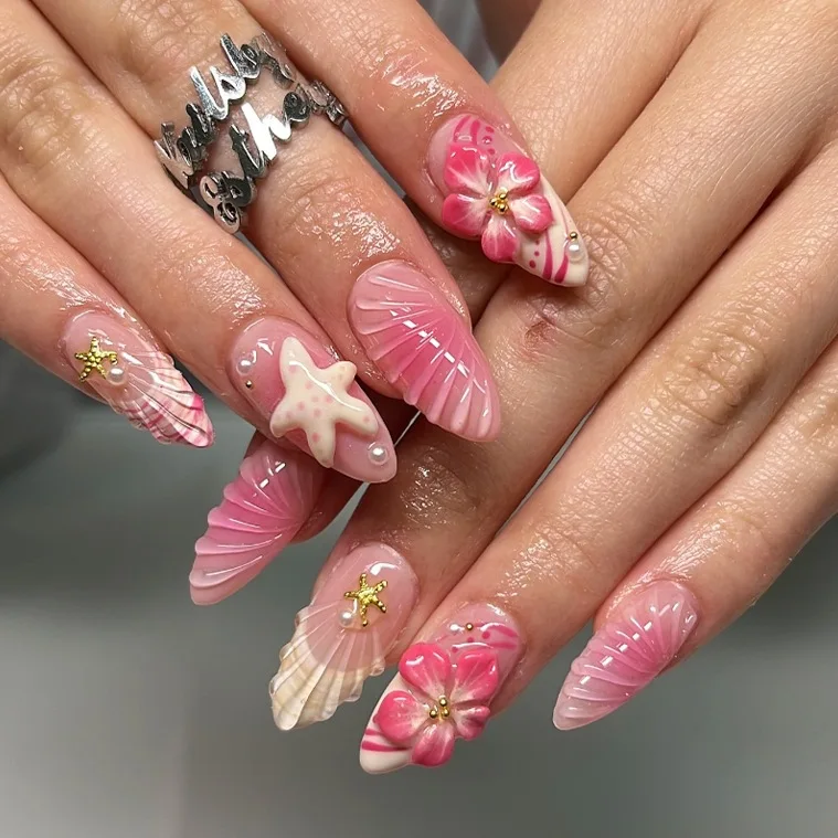 24 piezas de uñas postizas estilo verano en forma de almendra francesa con estampado de estrellas de mar y flores, desmontables, cubierta completa, para mujer 5