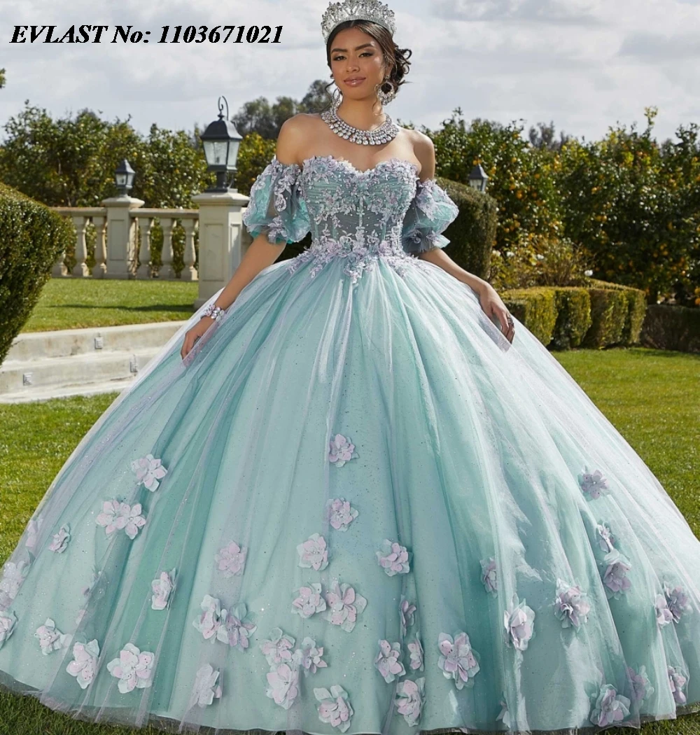 EVLAST gaun biola merah Burgundy Quinceanera gaun pesta 3D Floral Applique manik-manik gaun Lengan mengembang korset Vestidos De XV Anos SQ301