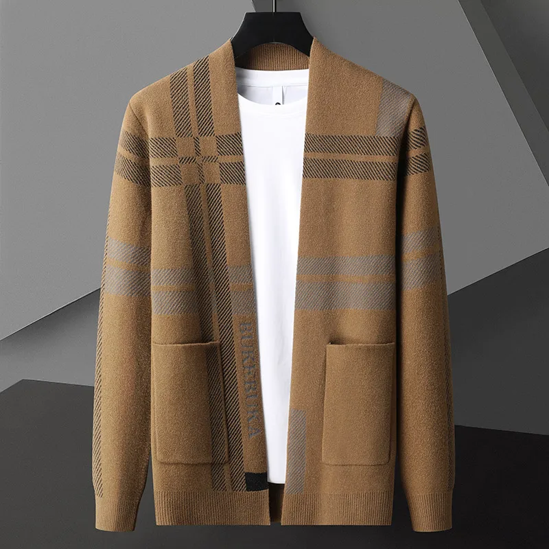 Fashion designer brand men's striped knitted cardigan 2023 Spring and Autumn New Exquisite Jacquard Contrast casual sweater coat