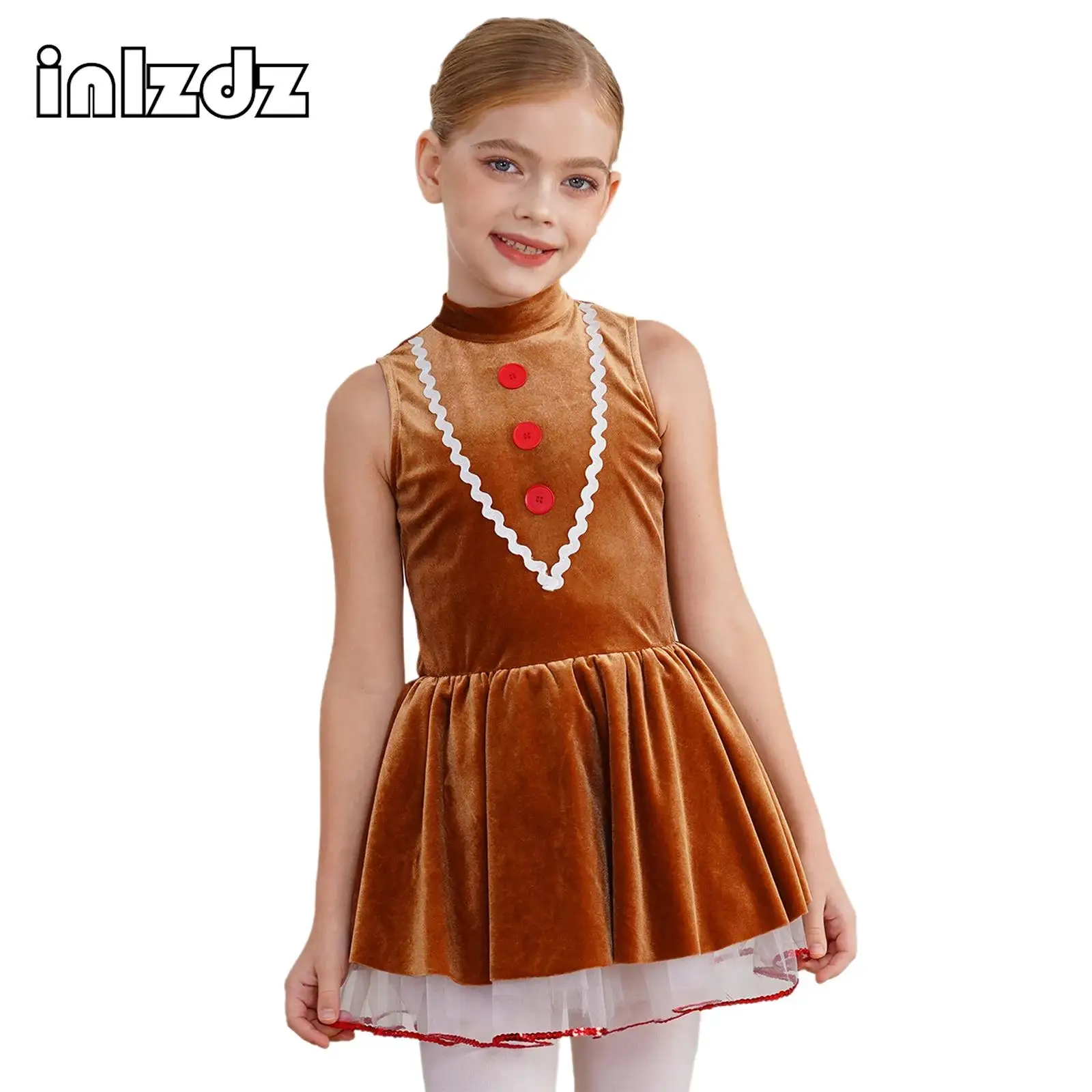 

Kids Girls Christmas Gingerbread Man Costume Party Dress Candy Cane Santa Cookie Man Cosplay Dress Up Dress Ballerina Dancewear