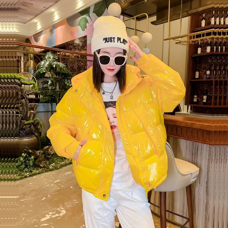 Korean Hooded Glossy Cotton Coat Women Candy Color Big Pockets Long Sleeve Winter Warm Cotton Parkas 2024 Casual Female Outwear