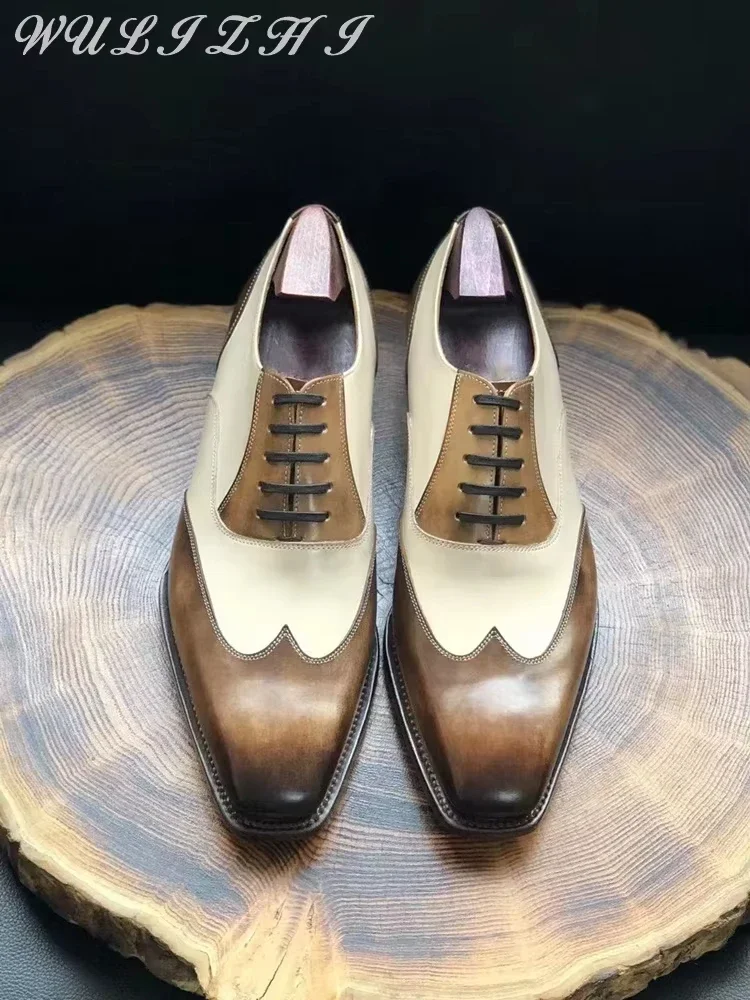 

Retro Mixed Colors Brogue Oxfords Men's Shoes Breathable Cowhide Handmade Brown Beige British Business Casual Leather Shoes