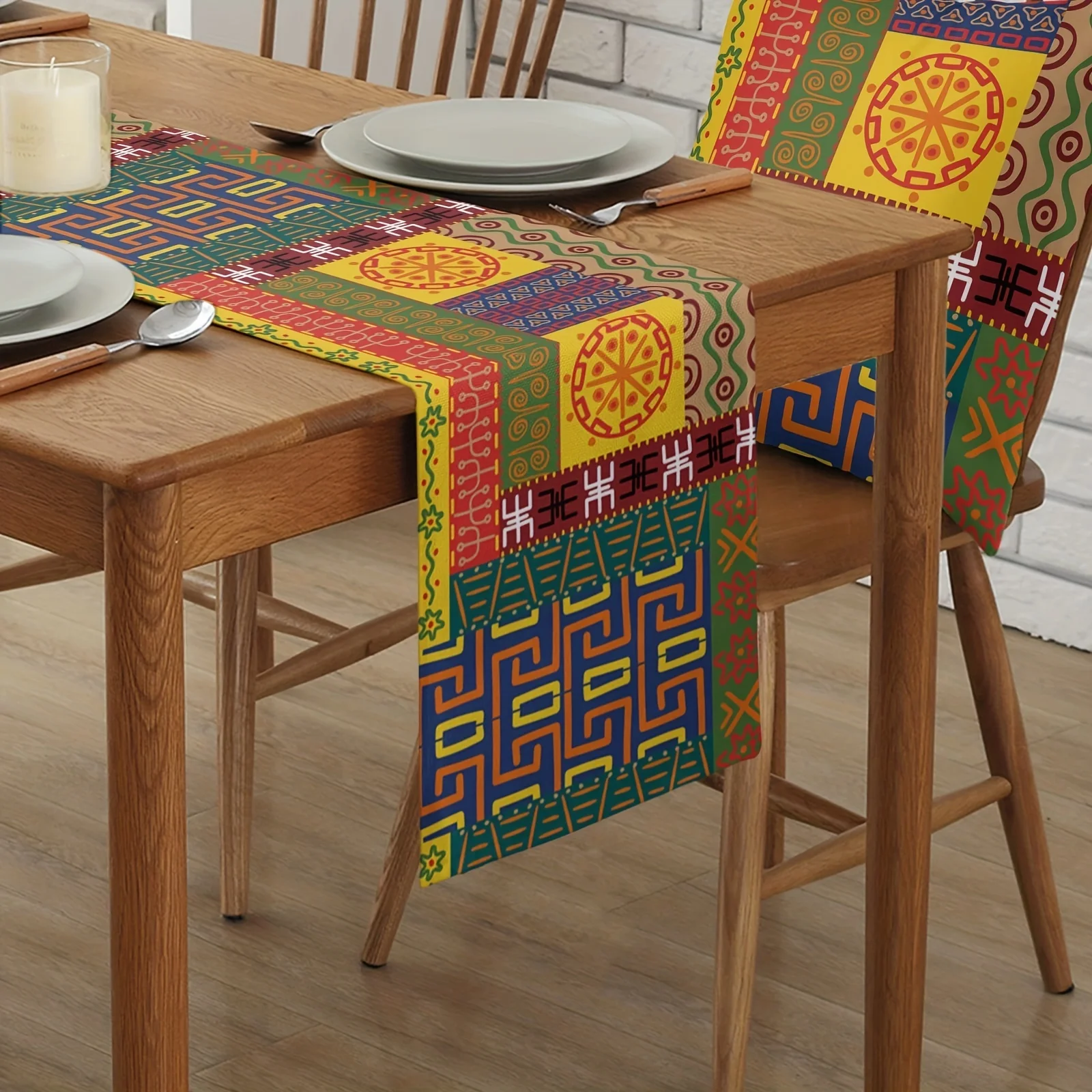 1 Pack Ethnic Totem Symbol Printed Table Runner, Multicolor Linen Rectangular Table Runner Washable Home Party Decoration