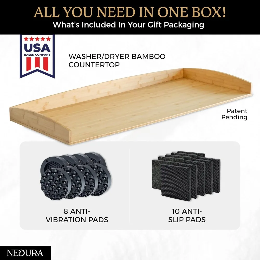 Bamboo Washer Dryer Countertop with Anti-Vibration Pads & Curved Edge Rails, Laundry Organizer