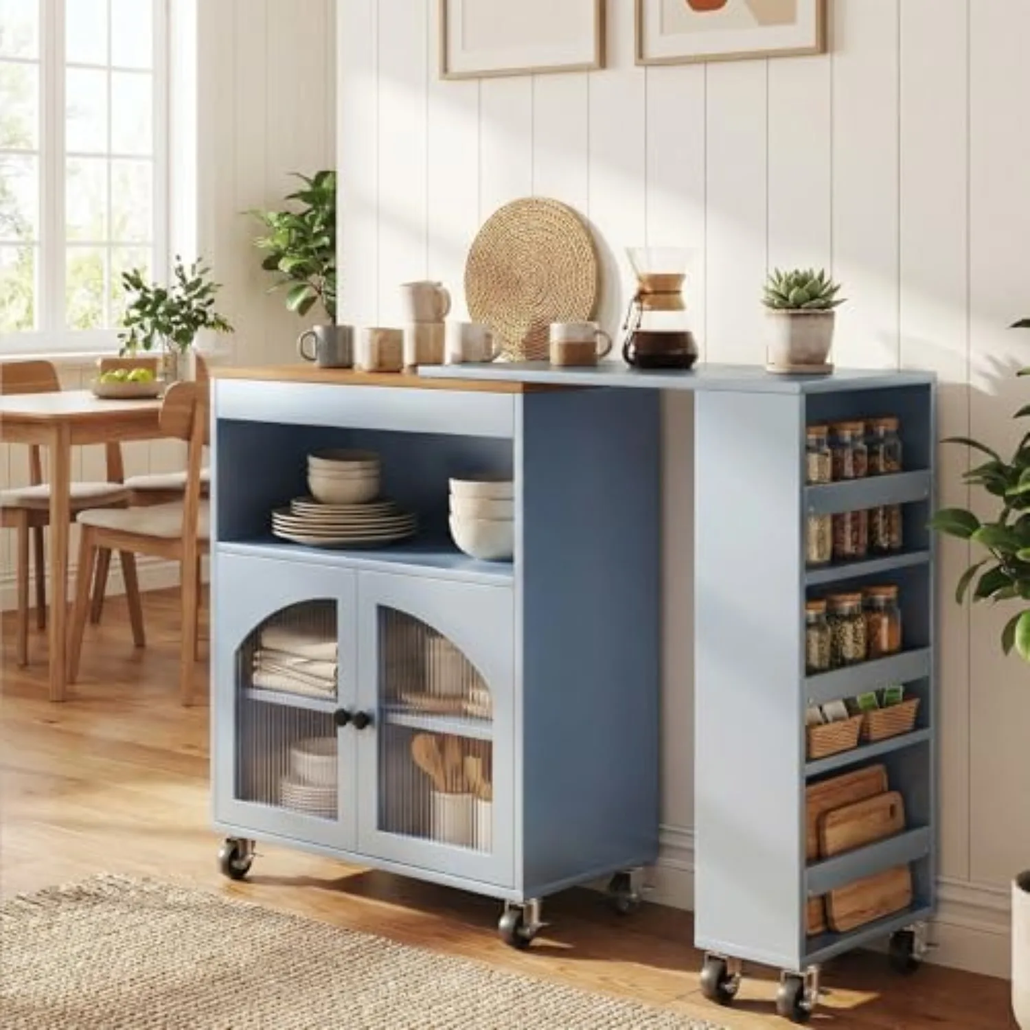 Mobile Kitchen Island with Power Outlets & LED Lights - Rolling Cart with Extendable Table, 3 Shelves + 2 Fluted Glass