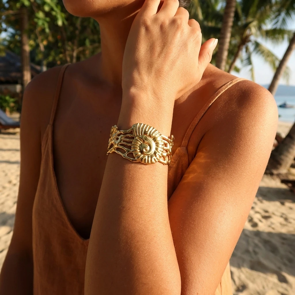 

Vintage Textured Conch Stainless Steel Bangle For Women Marine Style Waterproof Cuff Bracelet Jewelry