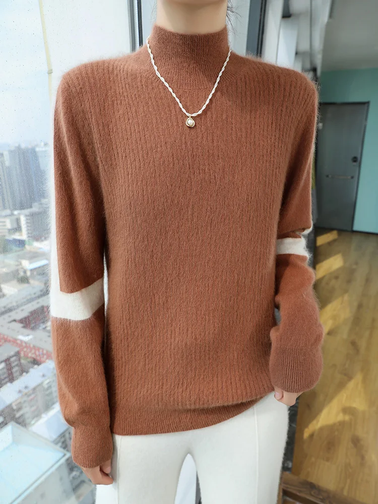 Autumn and winter new women\'s clothing 100% mink cashmere knitted half high neck pullover casual loose warm Korean style top