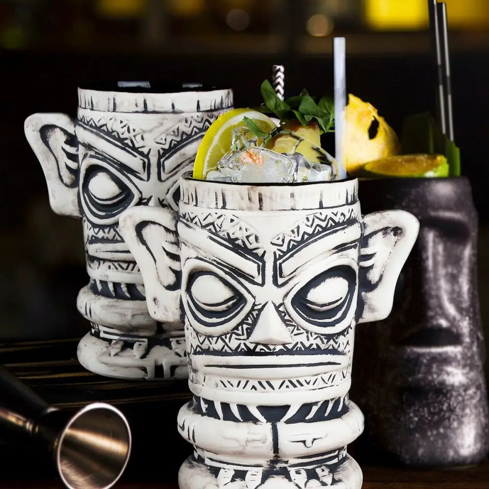 Unique Ceramic Tiki Mug Vintage Skull Face Cocktail Glass Creative Hawaiian Style Drinkware For Home Bar Party Gift