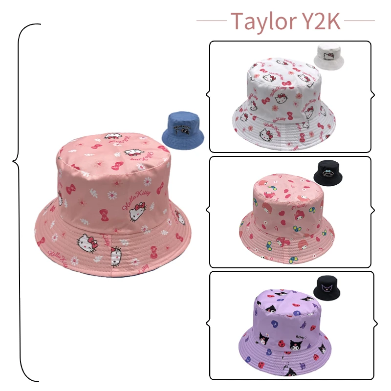 

Kawaii Sanrio Hello Kitty Bucket Hat Anime Figure Kuromi My Melody Double-Sided Embroidery Sunhat Fashion Casual Flowerpot Cap