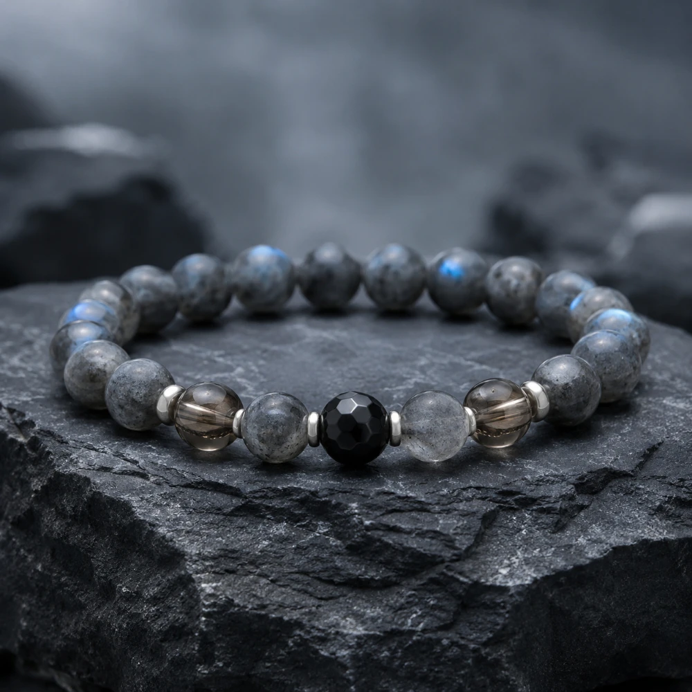 

Natural Gray Labradorite Bracelet for Men and Women, Smoky Quartz Obsidian Beaded Jewelry Gift