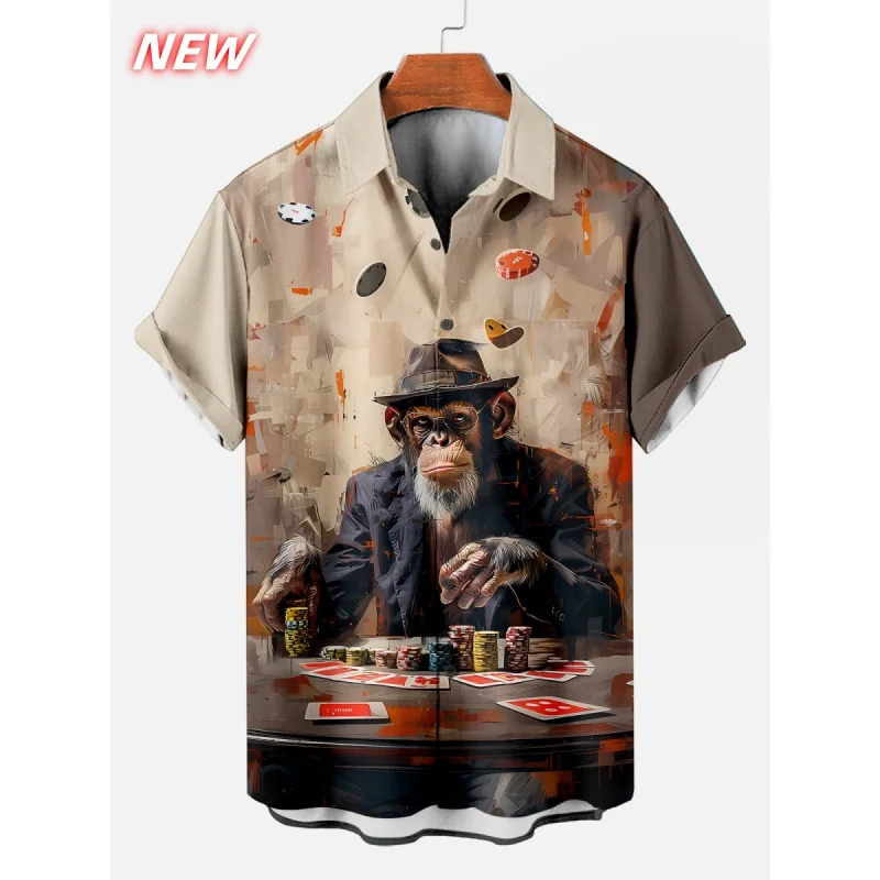 

Kangaroo Monkey Pattern Hawaiian Shirt Men Fun 3D Print Short Sleeve Blouse Casual Vacation Beachwear Button Loose Aloha Shirts