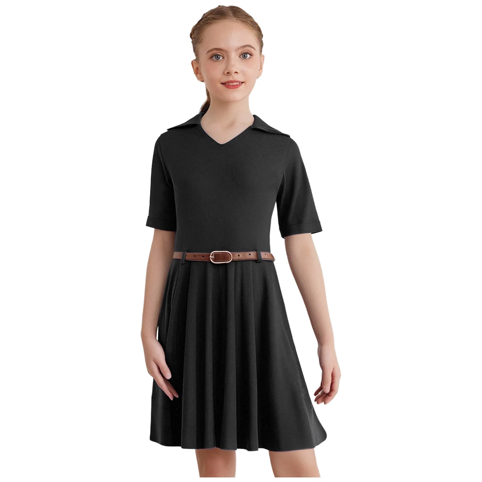 Kids Girls Tennis Sport Dress with Belt Baseball Cheerleader Dance Costume Short Sleeve Sequins Baseball Badminton Dress Uniform