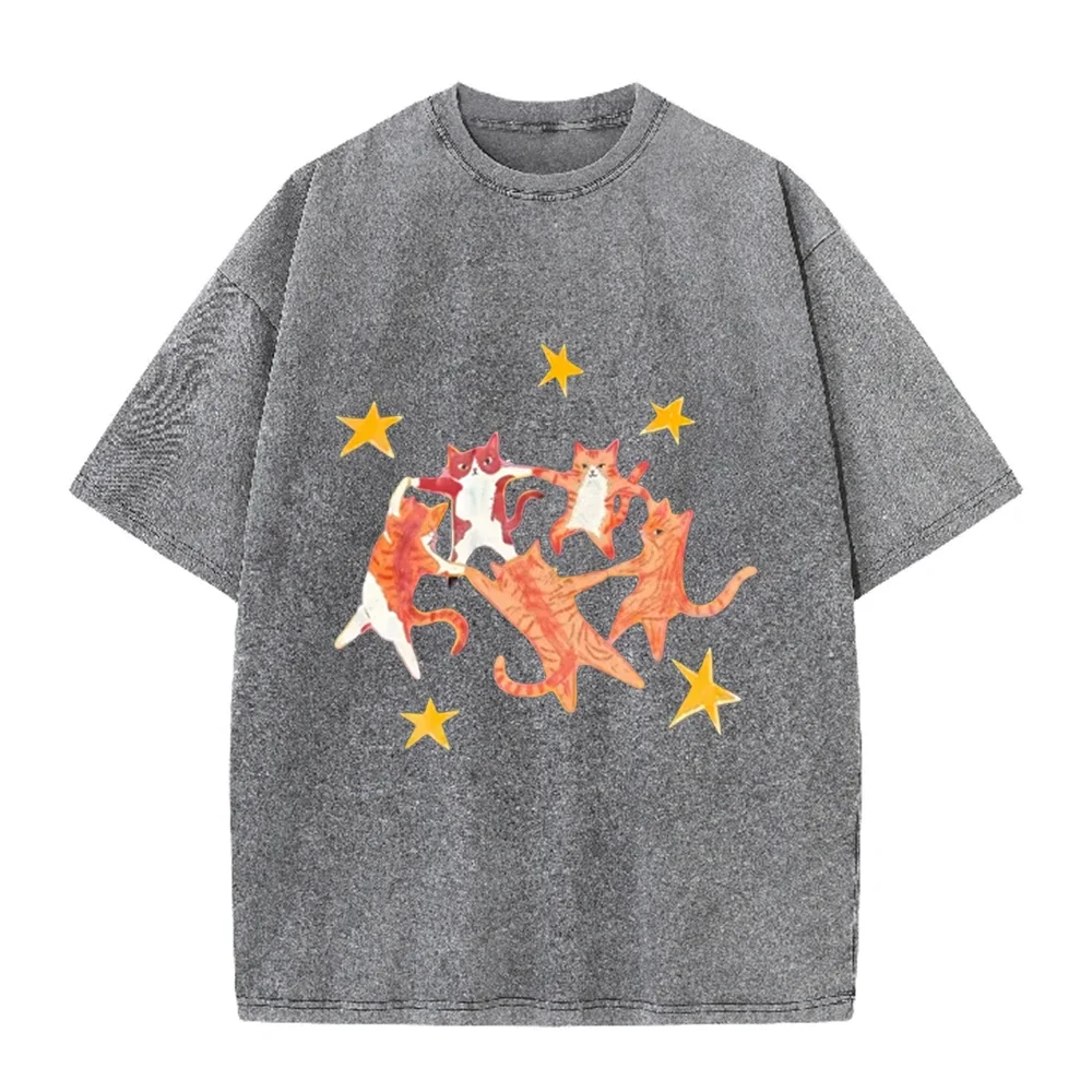 2026 Unisex Y2K Hip Hop T Shirt Dancing Cat Star Print Retro Loose Short Sleeve Summer Casual Streetwear Fashion Tops