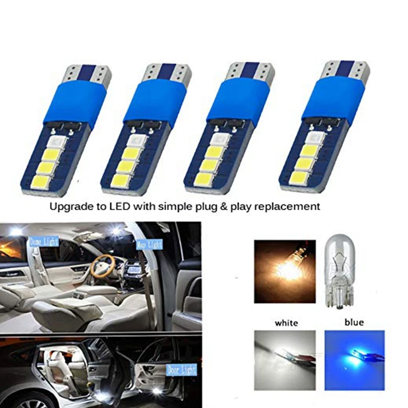 Pack Of 6 Canbus W5W T10 8 Smd 2835 Led For Auto Wedge Light Width Lamp Door Parking Bulb License Plate White Blue Dc 12V