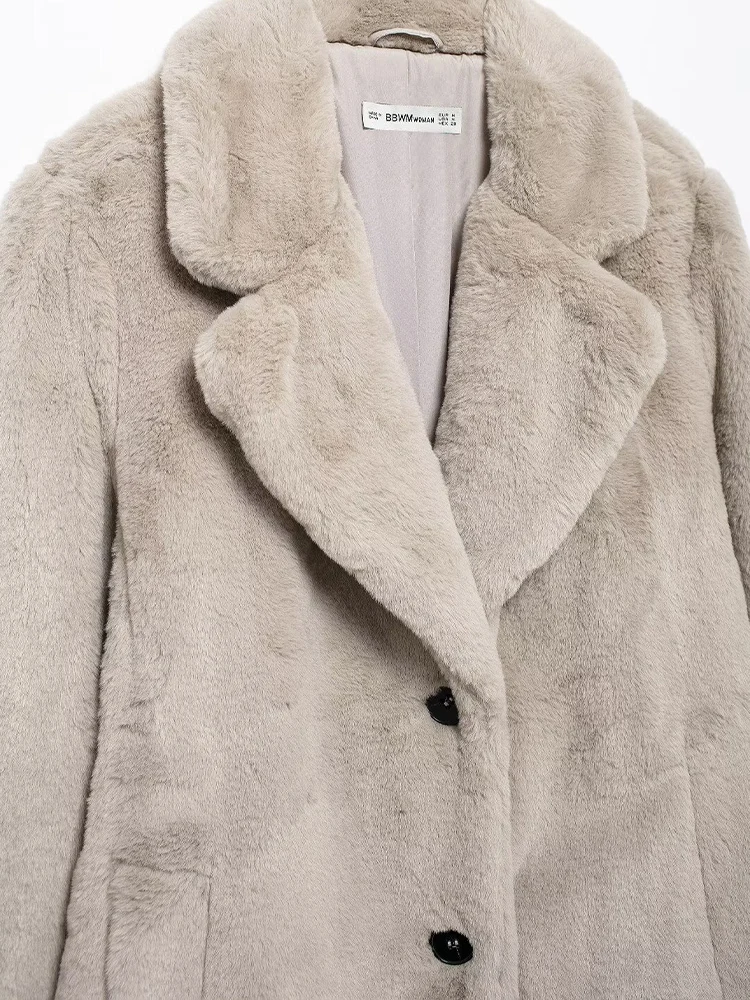 2024 autumn and winter new women\'s lapel long sleeve loose faux fur effect coat mid-length coat