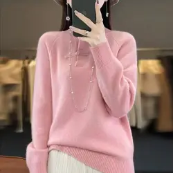 Chinese Style Buttons Half High Collar Knitwear Women Autumn Winter Elegant Temperament Sweater All-match Casual Knitting Tops