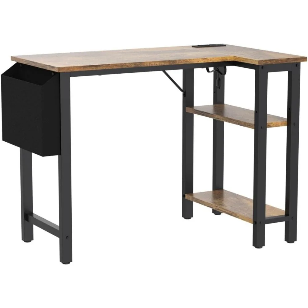 Small L-shaped Office Desk with Power Socket Rack, 40 Inch Corner Desk, L-shaped Computer Desk, PC Desk with Charging Station