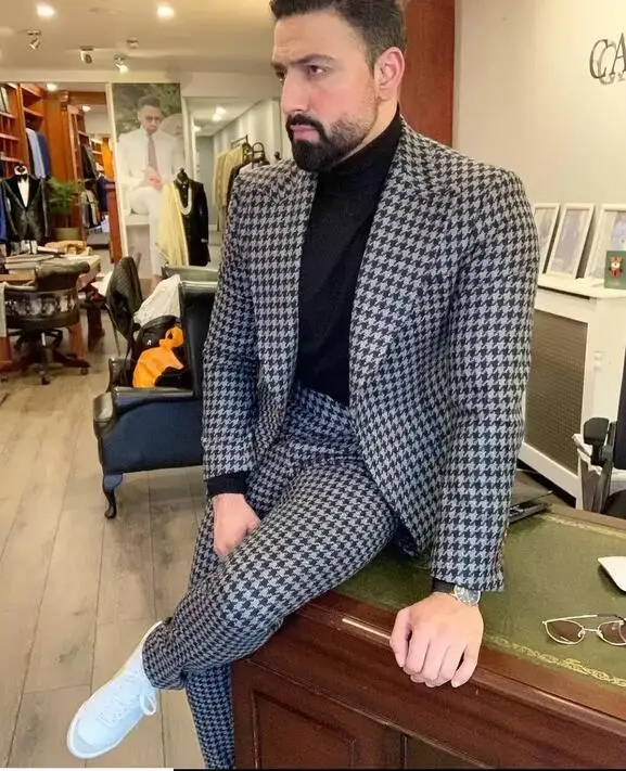 Houndstooth Wedding Suits for Men Slim Fit African Italian Formal Groom Wear Checkered Jacket with Pants