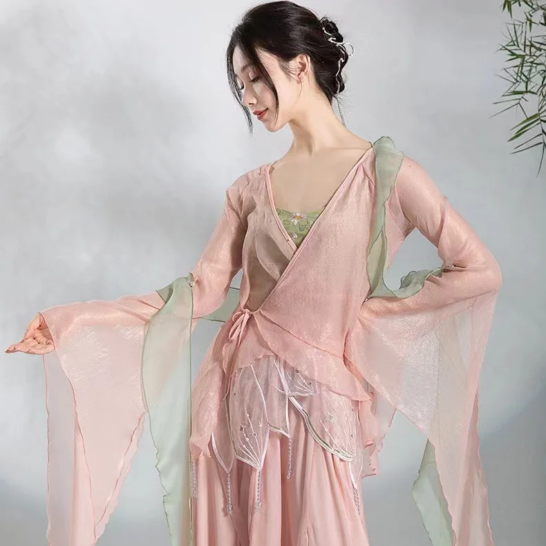 Chinese style skirt and pants performance suit, body charm, gauze clothing, elegant and fairy like gradient, classical dance cos