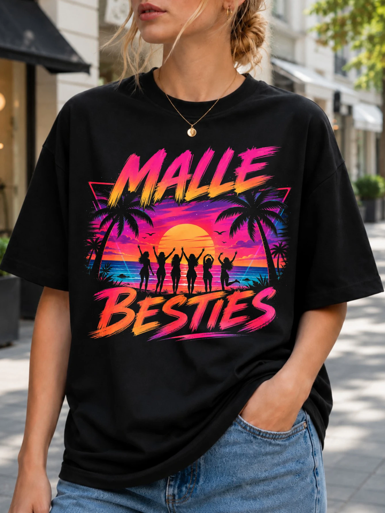 Malle Besties neon sunset Tee with palm trees dancing friend silhouettes and hot pink orange beach  Unisex All T-Shirt