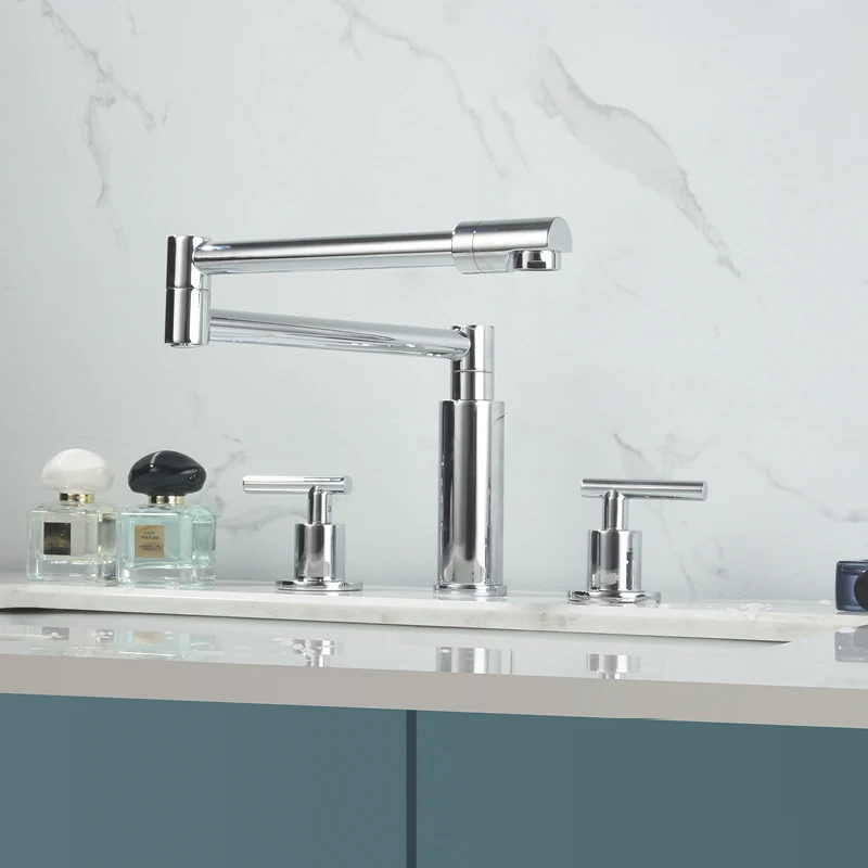 

8 Inch Widespread Basin Sink Faucet Deck Mounted 3 Hole Bathroom Folding Sink Faucet 2 Handle Hot and Cold Mixer Taps Chrome