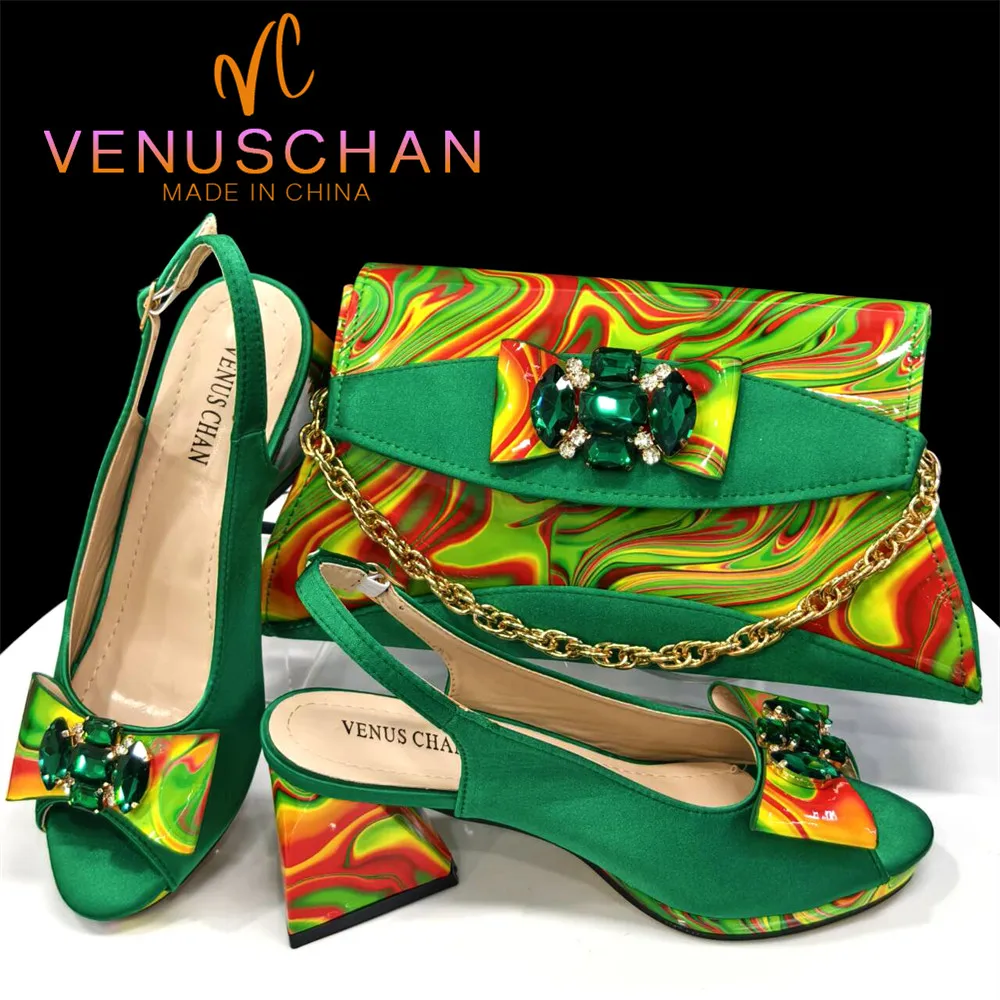 Venus Chan 2024 Summer Heels for Womens Peep Toe Green Rhinestone Painted Pattern Shoe and Bag Set for Party in Women Nigerian