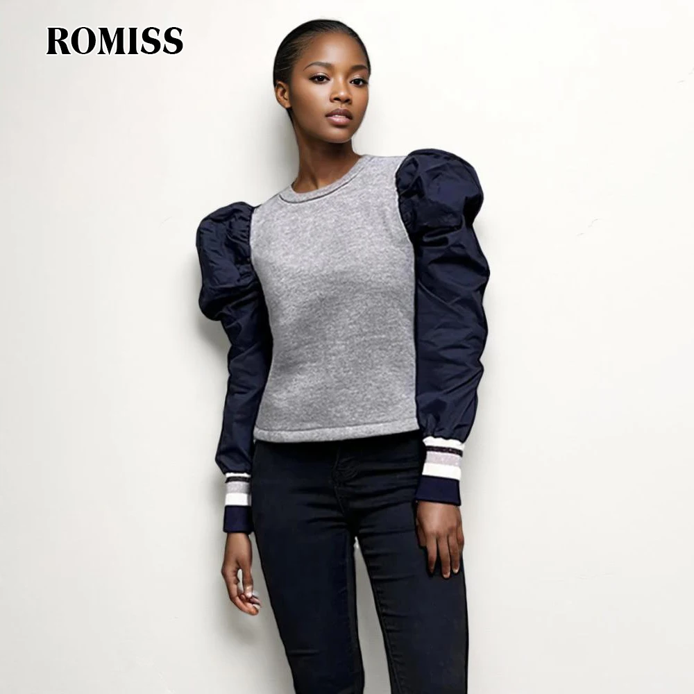 

ROMISS Hit Color Slimming Sweatshirts For Women Round Neck Puff Sleeve Casual Folds Autumn Pullover Sweatshirt Female 2024 New