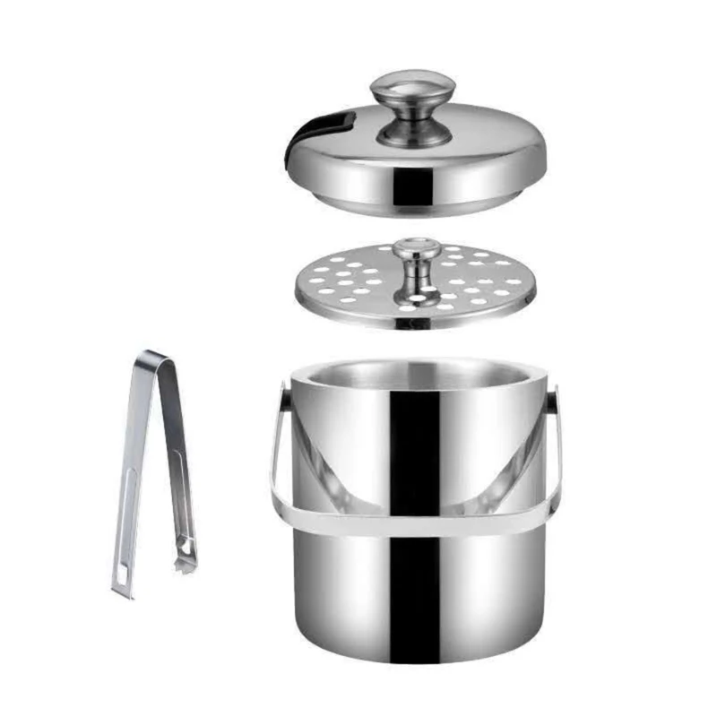 

Double Wall Ice Bucket 1.3L Stainless Steel Container with Tongs Clip Lid Storage Party Bar Cooler Insulated M76D