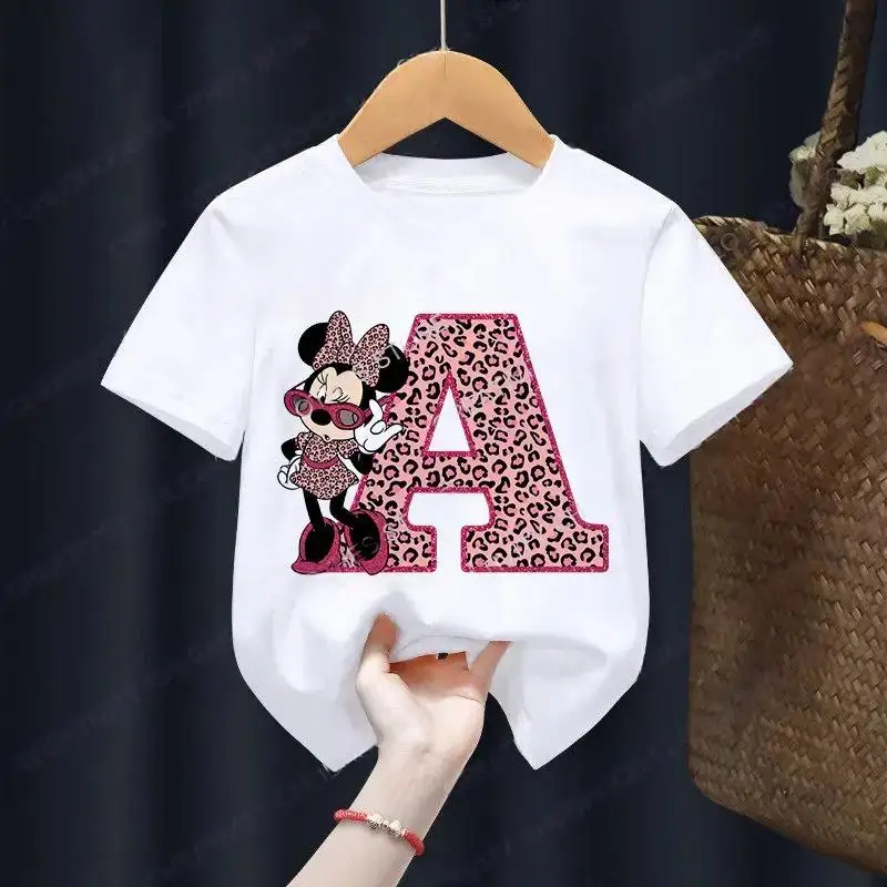 Children Minnie T-Shirts Letter A-Z Name Combination Disney Kawaii Cartoons Clothes Kids Little Boy Girl Tee Shirts Casual Tops