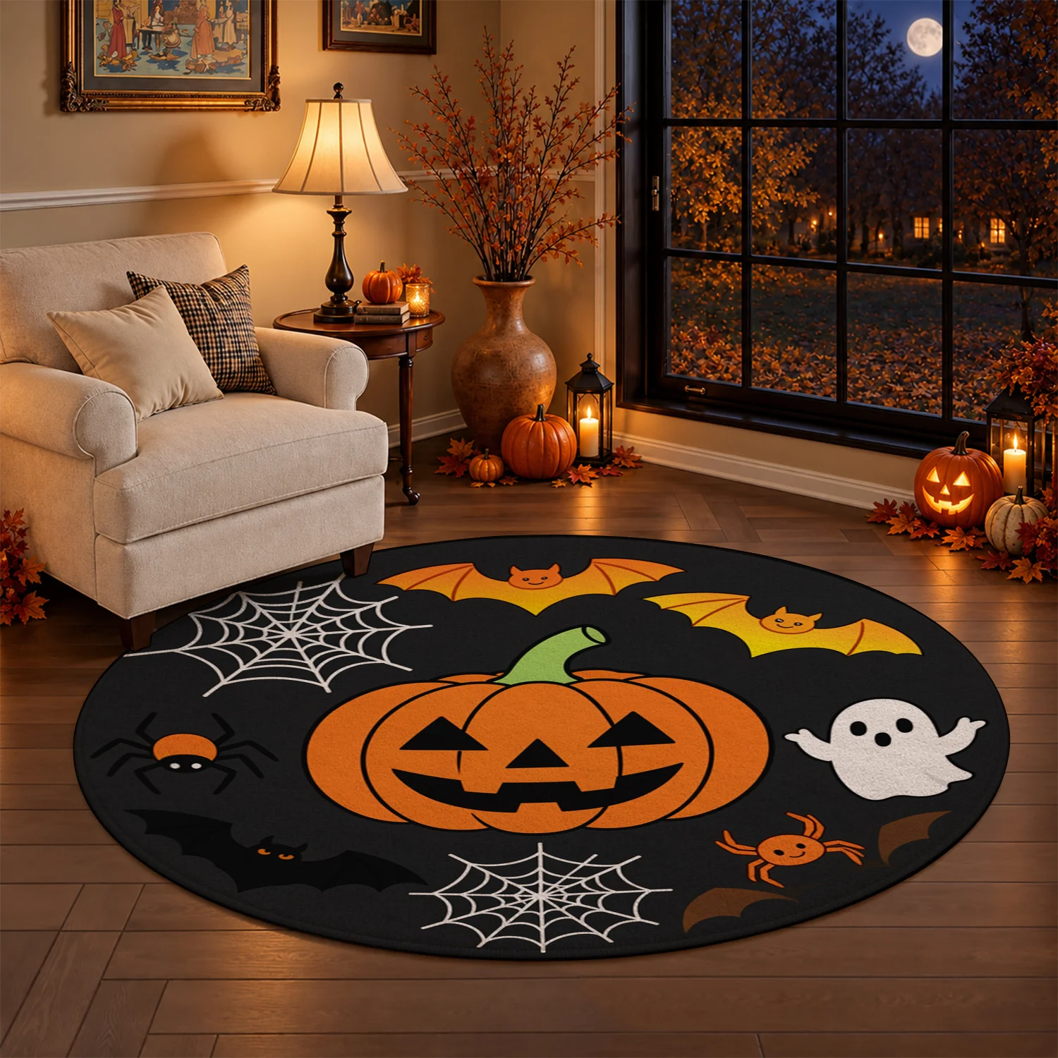 Halloween Pumpkin Bat Spider Ghost Cobweb Pattern Round Velvet Rug, Machine Washable Soft Plush Area Rug for Living Room, Bedroom, Entryway, Ideal for Halloween, Thanksgiving, Black Friday, Christmas, New Year Holiday Decor