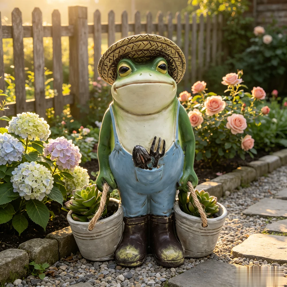 Image of Frosch-Gärtner mit Strohhut Skulptur, Outdoor-Garten, Hof-Dekoration, Rustikale Miniatur-Landschaftsdekoration
