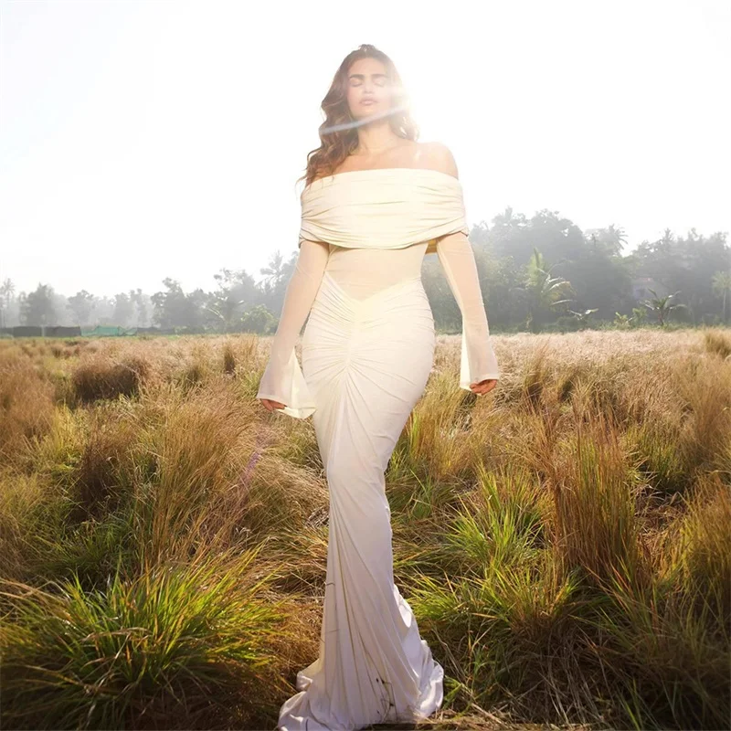 

Beige Ruffles Prom Dress Sexy Off Shoulder Full Sleeves Long Mermaid Formal Wedding Guest Robes Autumn Party Evening Bridal Gown