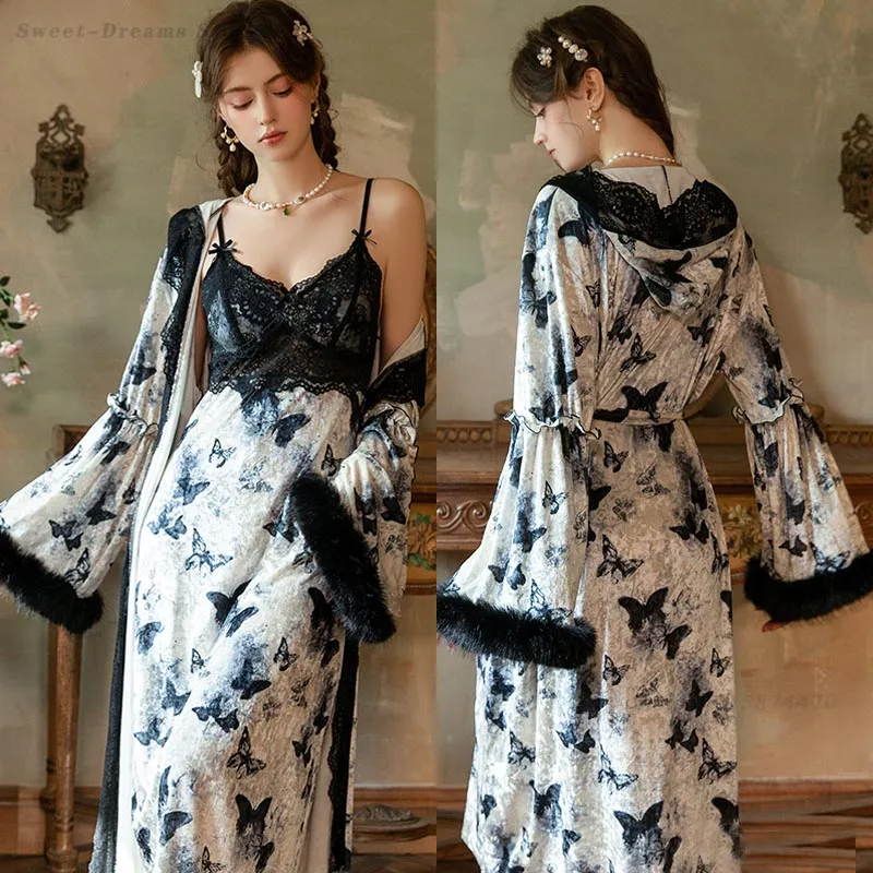 

Female Long Nighty&Robe Set Butterfly Printed Velvet Sleepwear Sexy Perspective Lace Nightdress Home Dressing Gown Loungewear