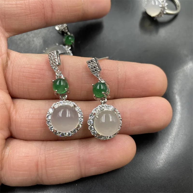 Cheap Jade Three-Piece Set of White Chalcedony Inlaid with Ice White Agate Pendant Earrings Ring Set