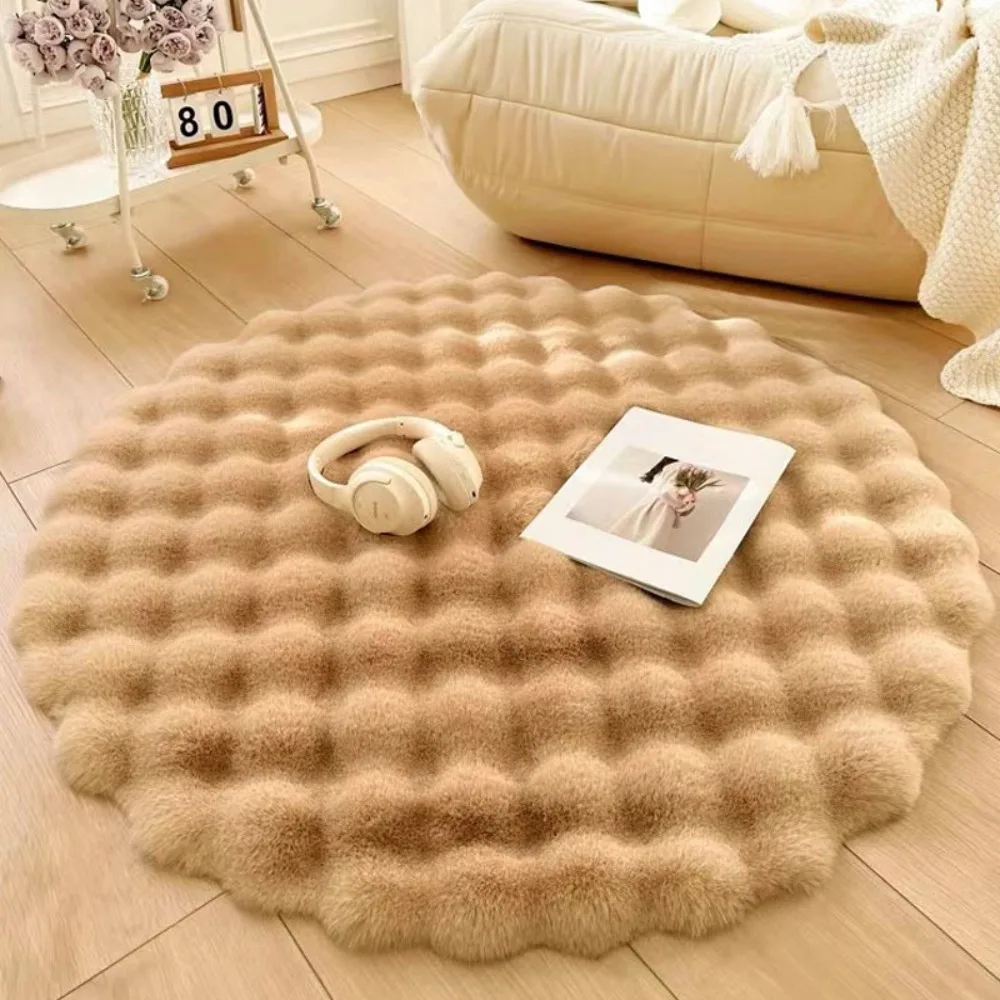 Soft 35/60/80cm Plush Round Carpet Non Slip Long Hair Bubble Rugs Bedroom Bedside Round Faux Rabbit Fur Mat Room Decor