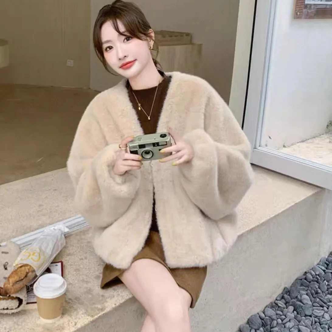 

Women's Models Fairy Winter Fall Faux Fur V-neck Senior Simple Loose Leisure Comfortable Brand New Elements Harajuku Versatile
