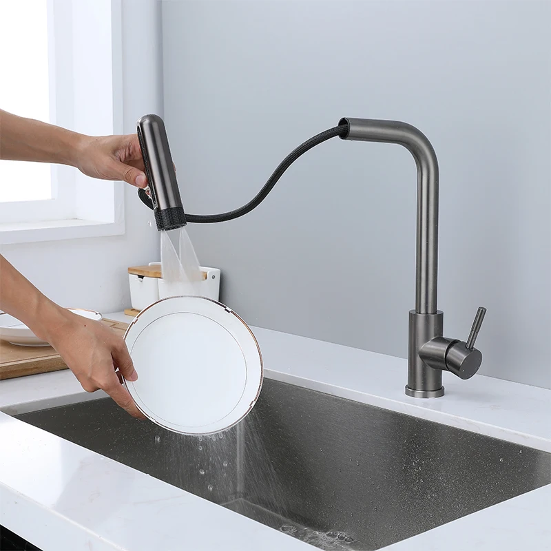 6 Mode Gray Kitchen Faucets Pull Out Rotation Waterfall Black Stream Sprayer Head Sink Mixer Brushed Nickle Water Tap Accessorie